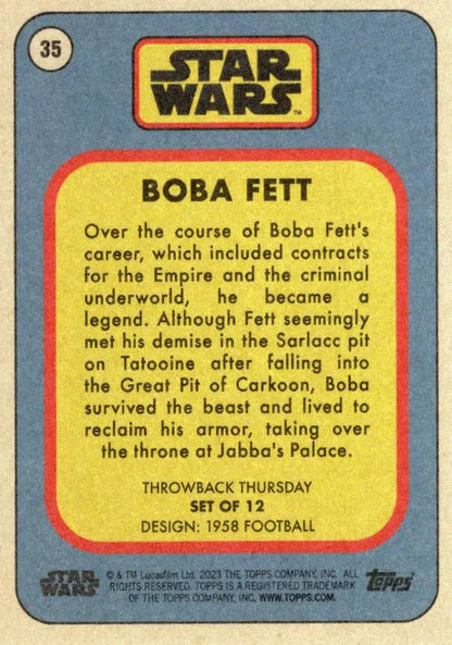 Star Wars Trading Card featuring Boba Fett from the 2023 Throwback Thursday collection