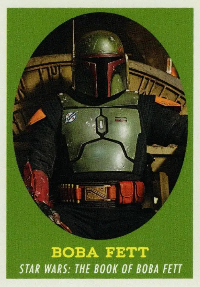 Armored figure in colorful suit and helmet, inspired by Star Wars bounty hunter on trading card