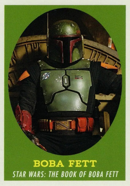 Armored figure in colorful suit and helmet, inspired by Star Wars bounty hunter on trading card