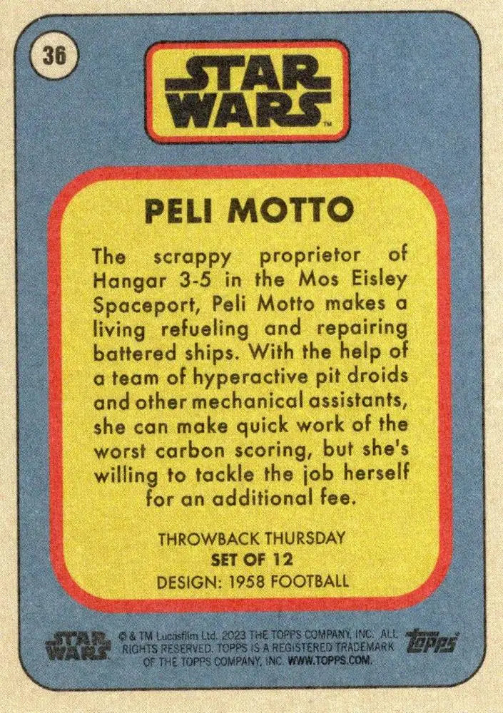 Star Wars trading card Peli Motto from Throwback Thursday 2023 collection