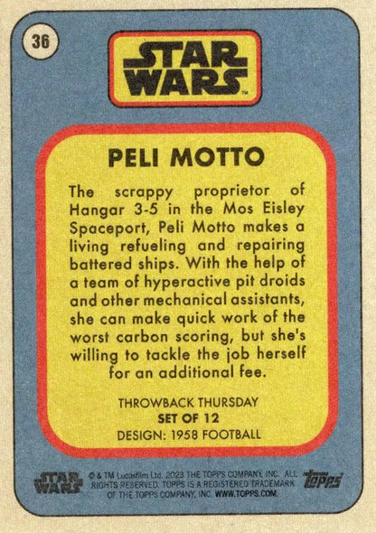 Star Wars trading card Peli Motto from Throwback Thursday 2023 collection