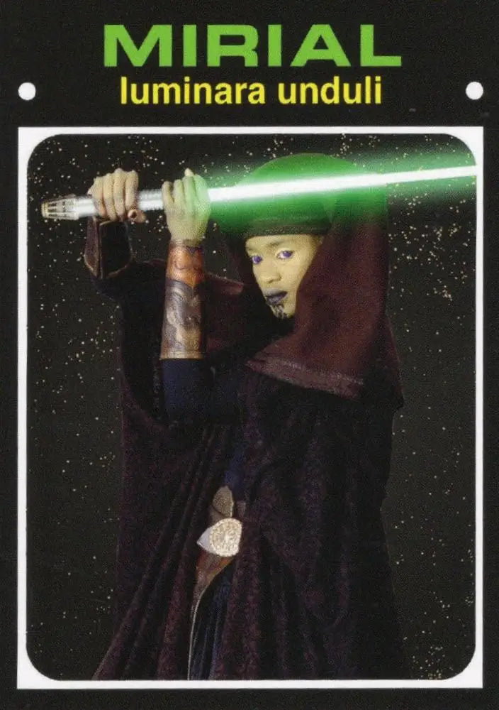 Trading card of Luminara Unduli wielding a glowing lightsaber from Star Wars series
