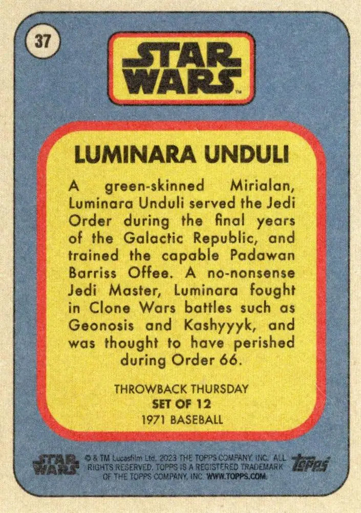 Vintage Star Wars trading card of Luminara Unduli from 2023 baseball cards series