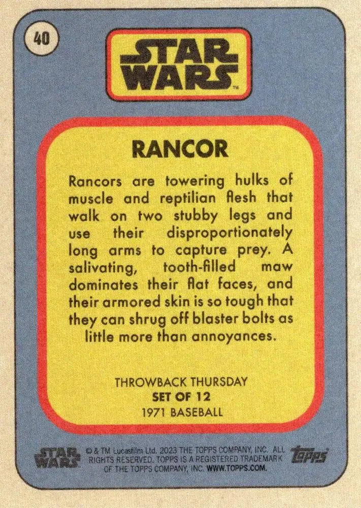 Vintage Star Wars trading card of the Rancor from 1971 baseball cards collection