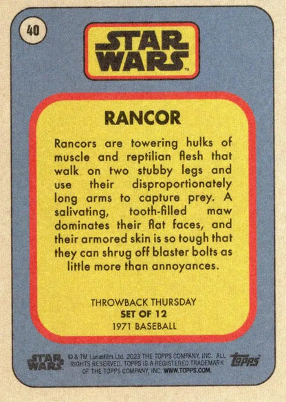 Vintage Star Wars trading card of the Rancor from 1971 baseball cards collection
