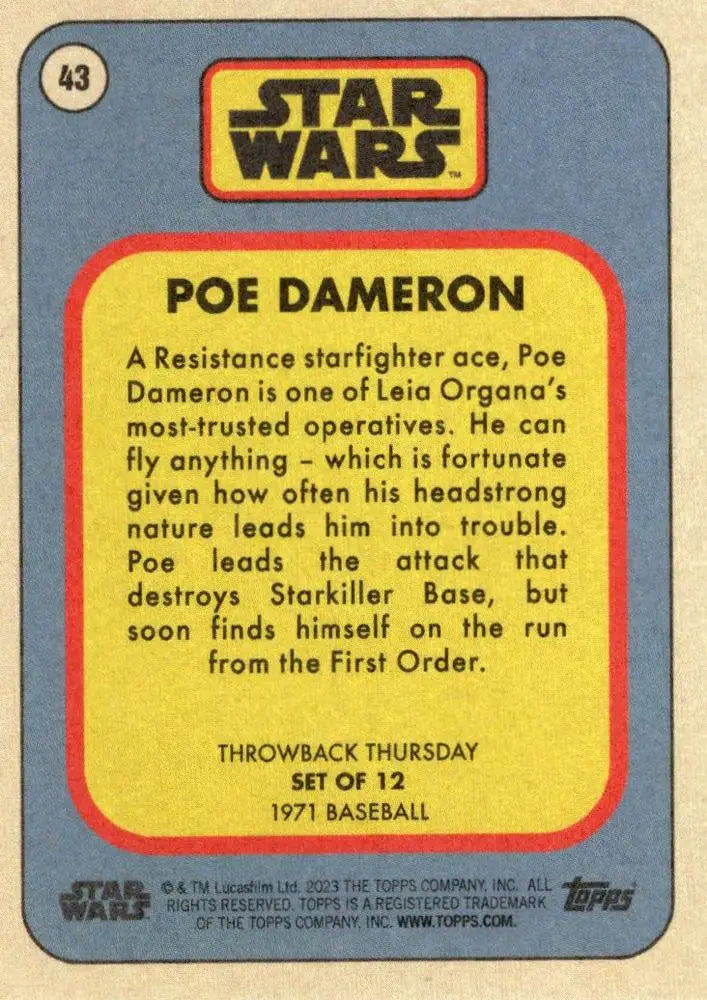 Vintage-style trading card of Poe Dameron from Star Wars with baseball card design
