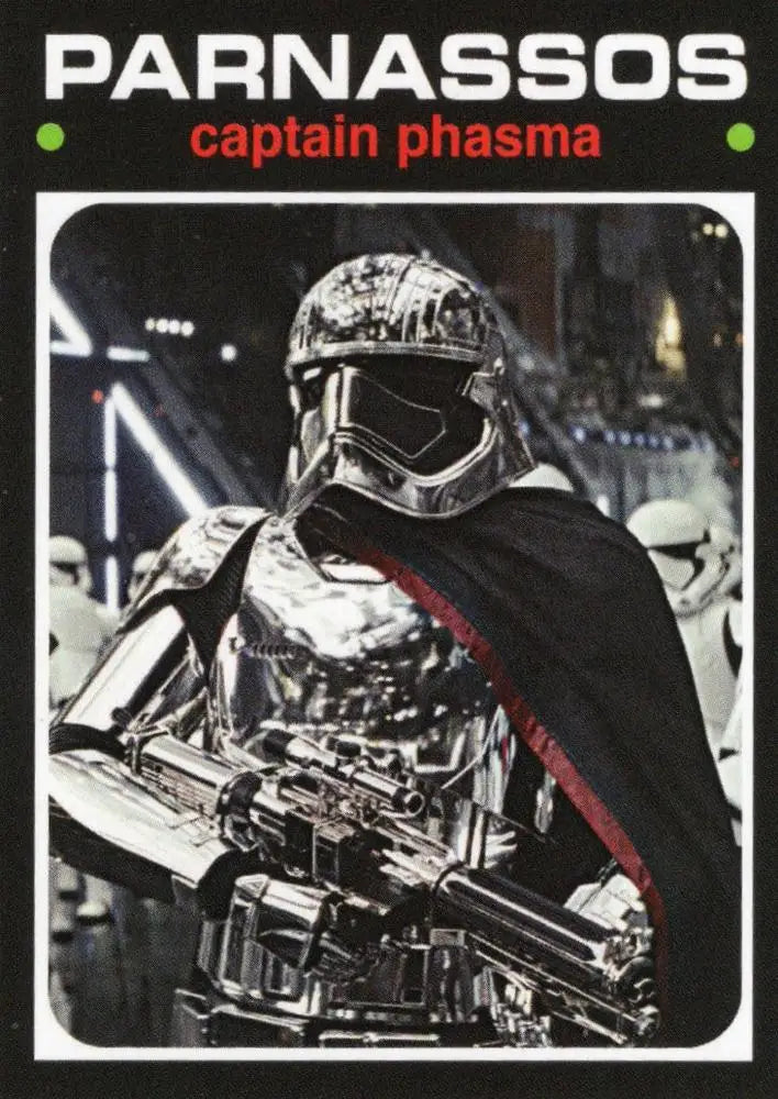 Futuristic armored soldier with chrome helmet as seen in Star Wars trading cards