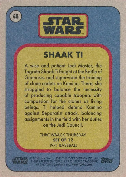 Vintage Star Wars trading card of Shaak Ti from the 1971 Baseball series