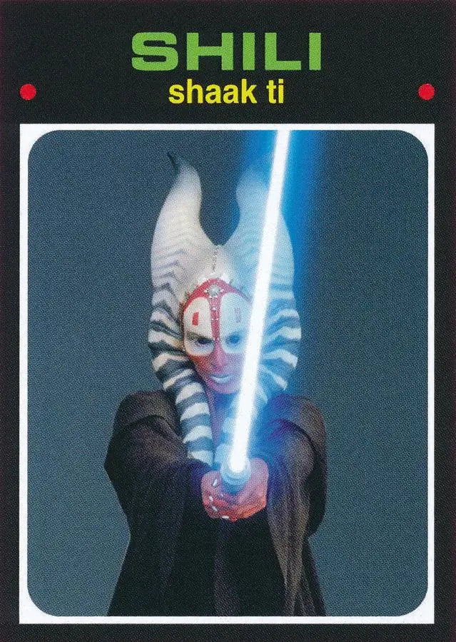 Alien-like figure with glowing blue lightsaber on Star Wars trading card baseball design