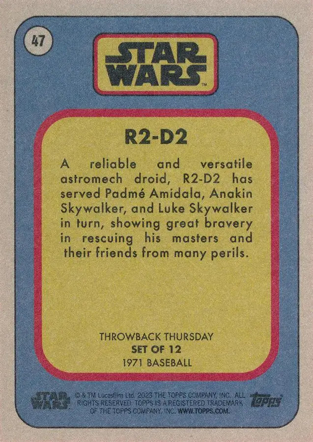 Star Wars trading card showcasing R2-D2 from the 2023 Throwback Thursday series