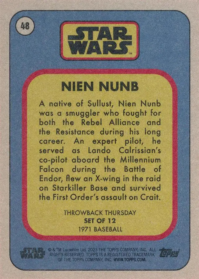 Trading card featuring Nien Nunb from Star Wars in a baseball card design