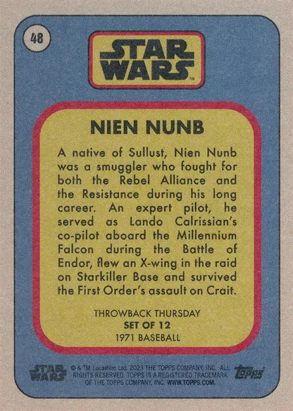 Trading card featuring Nien Nunb from Star Wars in a baseball card design