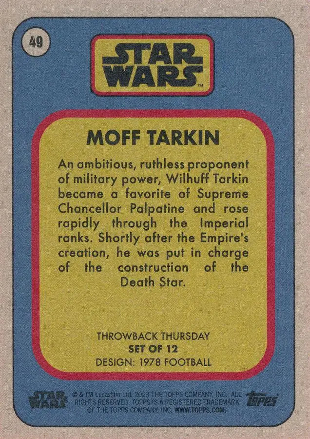 Star Wars trading card featuring Moff Tarkin character information from 1978 Football