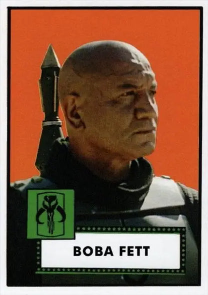 Portrait of a stern bald man labeled Boba Fett on orange for Star Wars trading cards