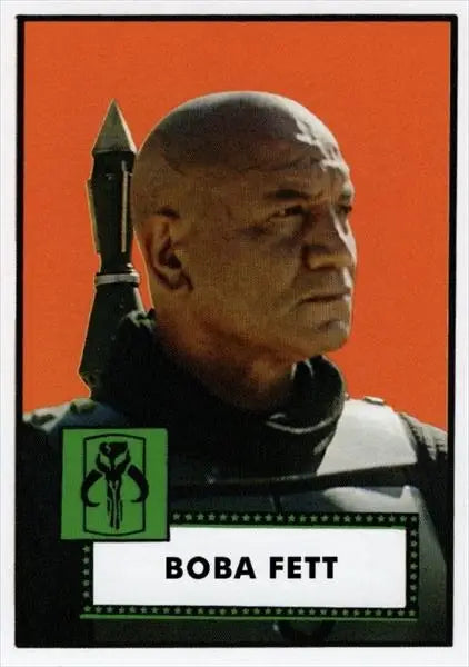Portrait of a stern bald man labeled Boba Fett on orange for Star Wars trading cards
