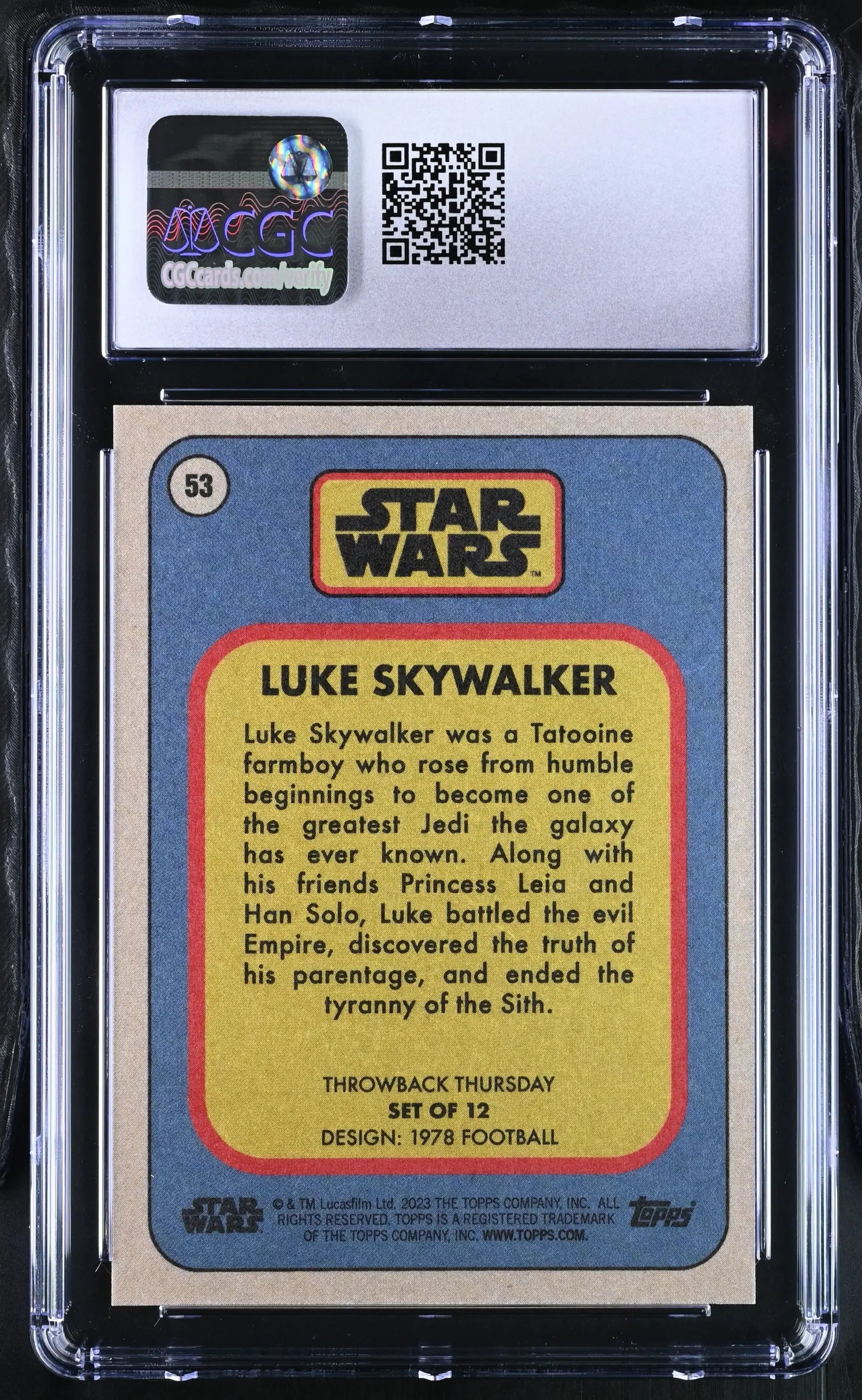 Graded Star Wars trading card of Luke Skywalker from Throwback Thursday 2023, CGC 10