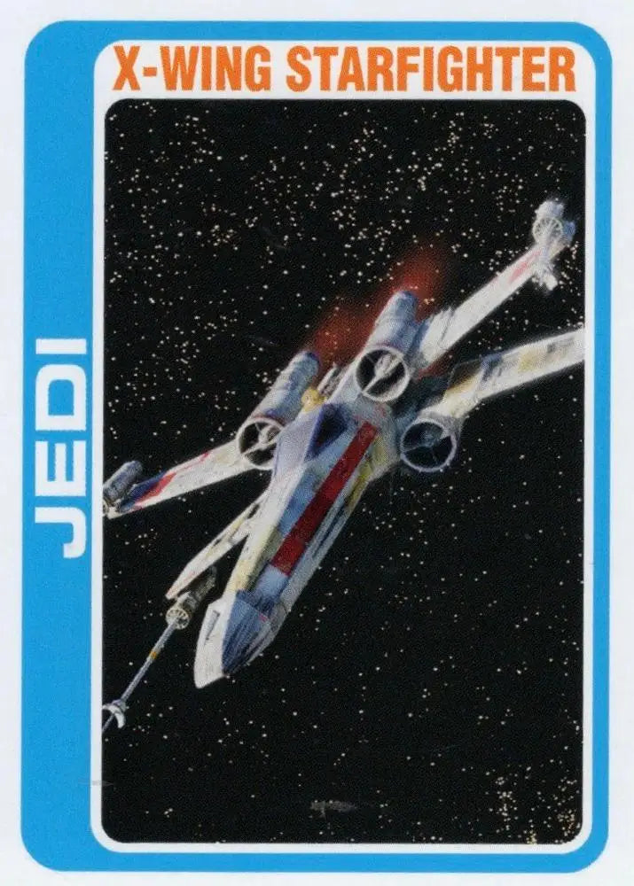 X-wing Starfighter flying through space on Star Wars trading card collectible
