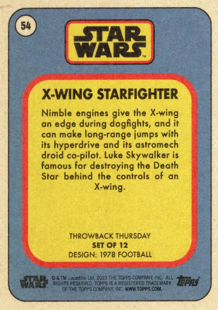 Star Wars Throwback Thursday trading card featuring X-Wing Starfighter details