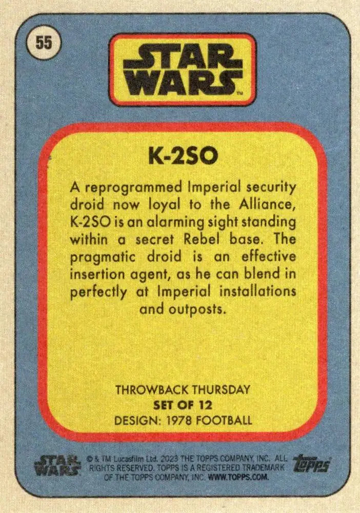 Trading card featuring K-2SO from Star Wars in 2023 Throwback Thursday collection