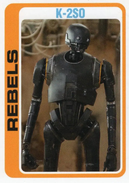Black humanoid robot K-2SO from Star Wars on Throwback Thursday trading card 2023