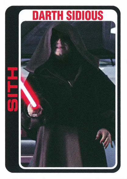 Sith character Darth Sidious with red lightsaber on Star Wars trading card 2023