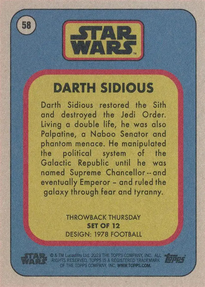Star Wars trading card featuring Darth Sidious from 1978 Football series