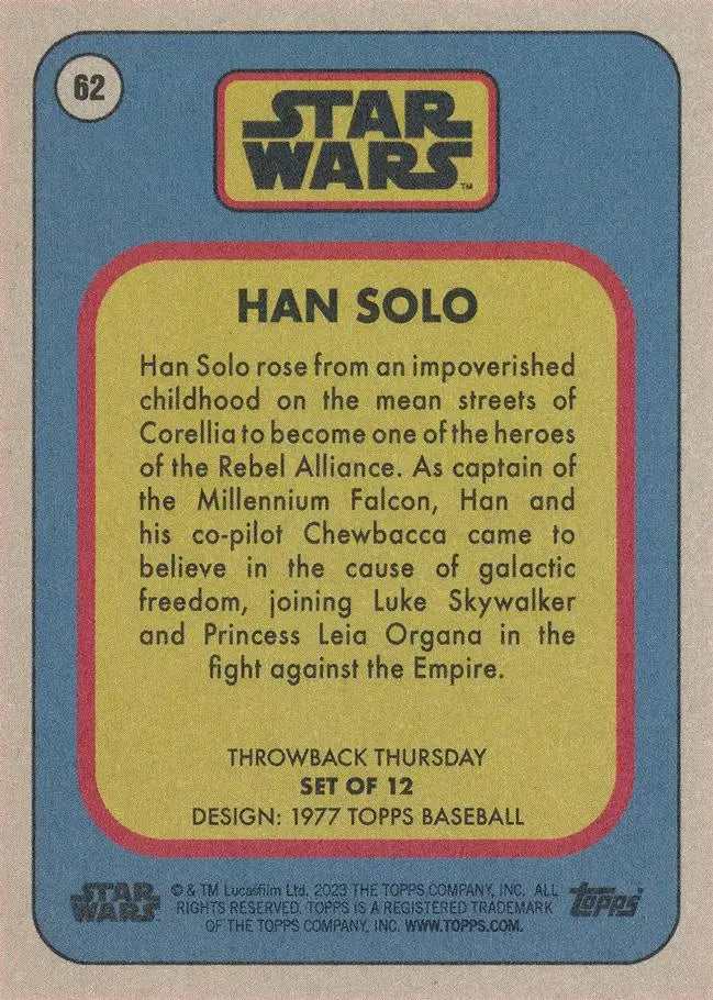 Trading card showcasing Han Solo biography from Star Wars Topps Baseball series
