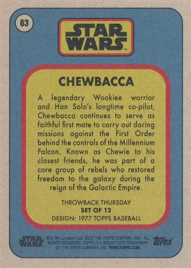 Star Wars Throwback Thursday 2023 Card #63 Chewbacca 1977 Topps Baseball - Baseball Card Single