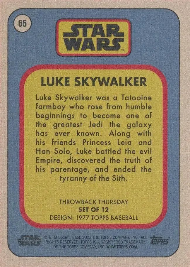 Star Wars Throwback Thursday 2023 Card #65 Luke Skywalker 1977 Topps Baseball - Non-Sports Card Single