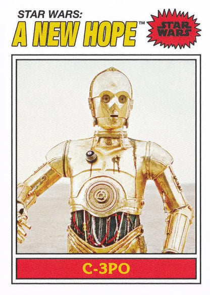 Golden C-3PO robot with glowing eyes on Star Wars 1977 Topps Baseball trading card