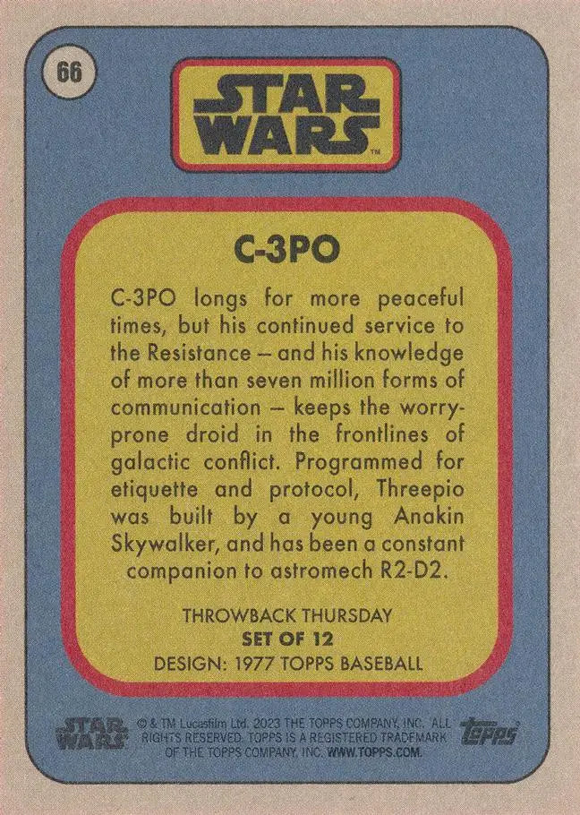 Trading card of C-3PO from Star Wars in Topps Baseball Throwback Thursday series