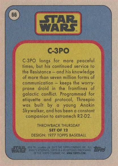 Trading card of C-3PO from Star Wars in Topps Baseball Throwback Thursday series