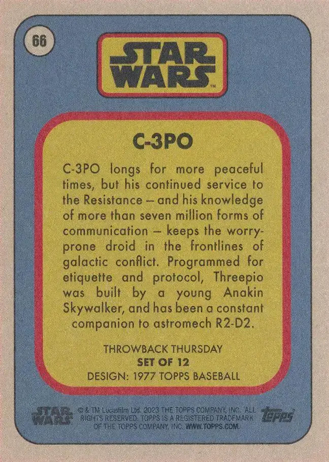 Star Wars Throwback Thursday 2023 Card #66 C-3PO 1977 Topps Baseball - Baseball Card Single