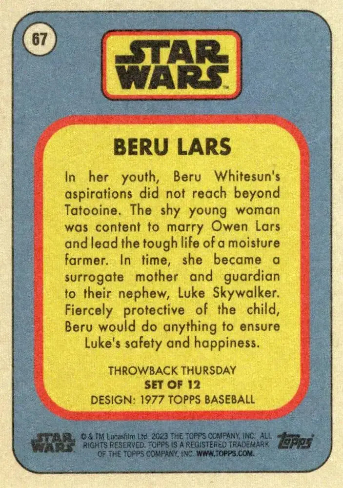 Star Wars Throwback Thursday 2023 Card #67 Beru Lars 1977 Topps Baseball - Non-Sports Card Single