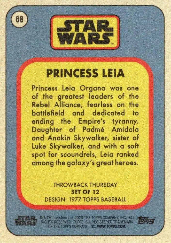 Vintage Star Wars trading card of Princess Leia from Topps Baseball 1977