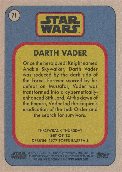 Trading card of Darth Vader from Star Wars in 1977 Topps Baseball series