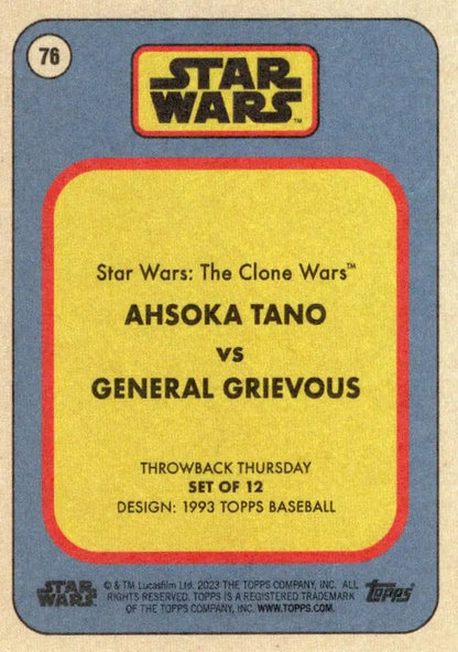 Star Wars trading card showcasing Ahsoka Tano vs General Grievous in epic duel