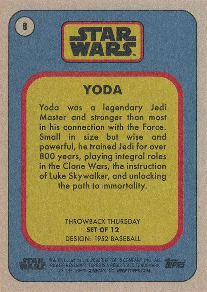 Vintage Star Wars trading card featuring Yoda as a 1952 baseball player collectible