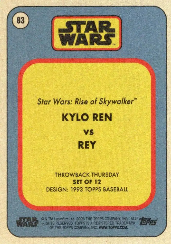 Star Wars trading card featuring Kylo Ren vs Rey from Rise of Skywalker matchup