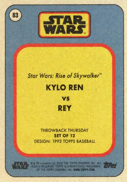 Star Wars trading card featuring Kylo Ren vs Rey from Rise of Skywalker matchup