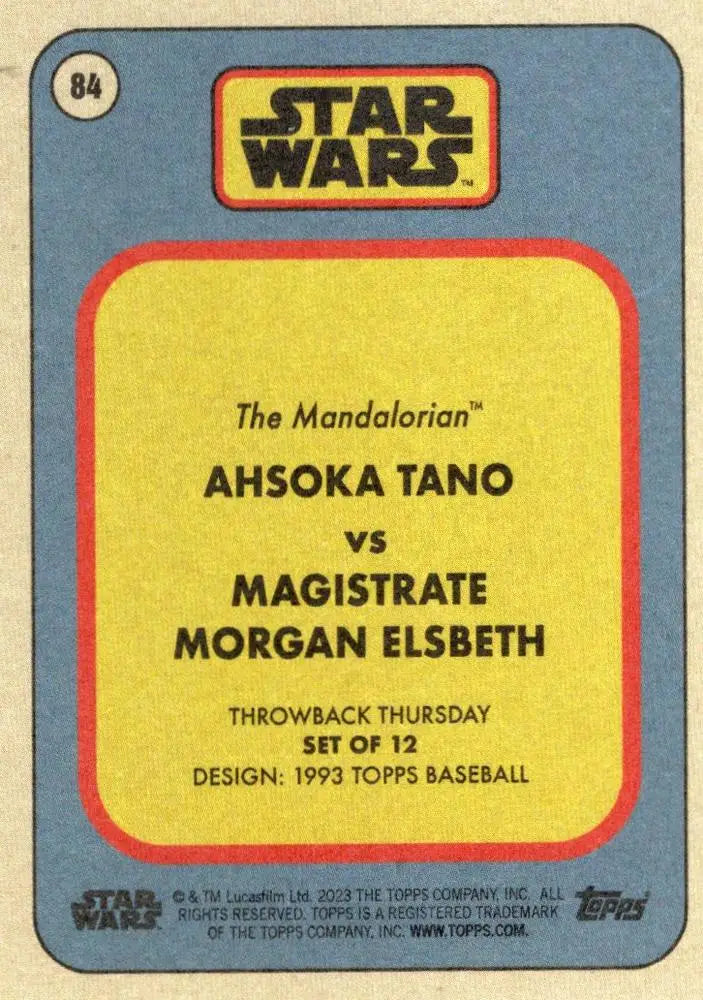 Star Wars trading card featuring Ahsoka Tano vs Magistrate Morgan Elsbeth from The Mandalorian