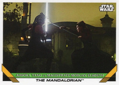 Trading card depicting Ahsoka Tano vs Magistrate Morgan Elsbeth in Star Wars duel
