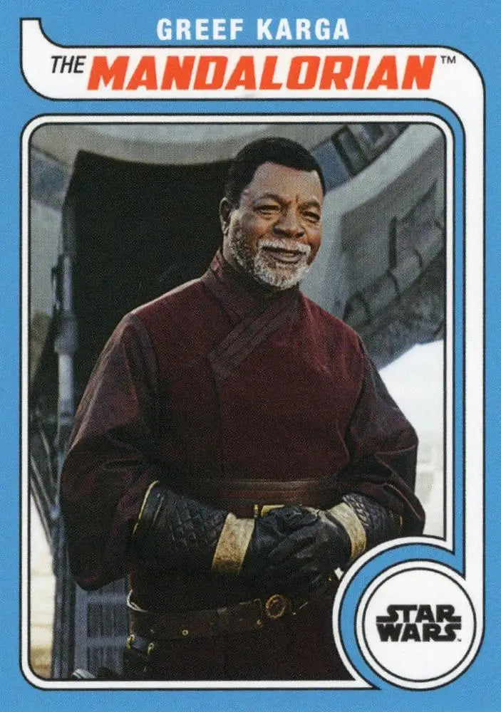Trading card of Greef Karga from Star Wars in burgundy shirt, Topps Hockey collectible