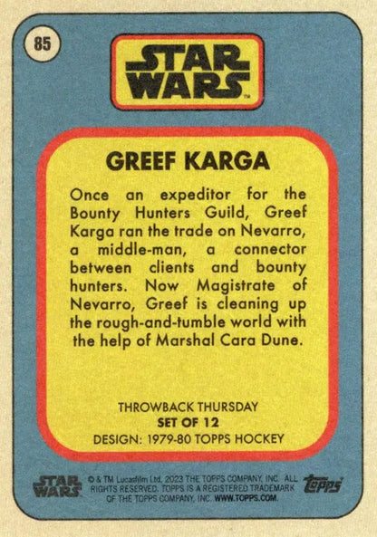 Star Wars trading card of Greef Karga from Topps Hockey Throwback Thursday 2023