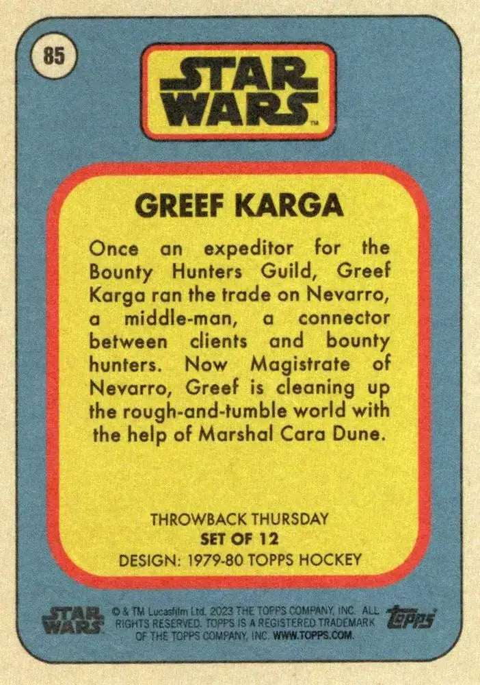 Star Wars Throwback Thursday 2023 Card #85 Greef Karga 1979-80 Topps Hockey - Non-Sports Card Single