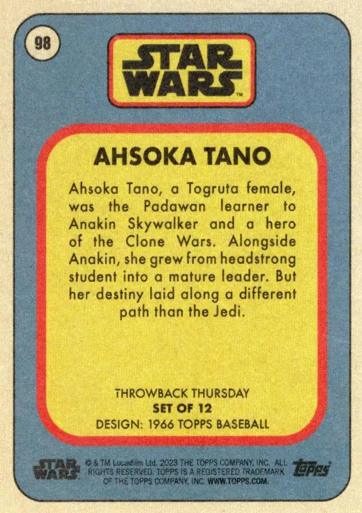 Star Wars trading card of Ahsoka Tano from Topps Baseball 1966 Throwback Thursday