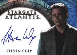 Autographed trading card of Steven Culp featuring Stargate Atlantis design and blue background