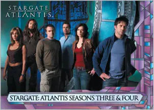Promotional poster for Stargate Atlantis Seasons 3 & 4 featured on a promo card