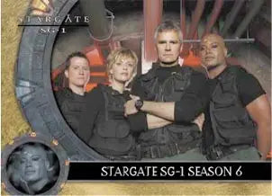 Promotional photo of four cast members from Stargate SG-1 on a trading card