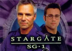 Promotional image for Stargate SG-1 featuring lead actors on promo card DS1